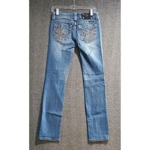 Miss Me Jeans Womens 26x32 Blue Straight Leg Studded Denim Rhinestones Low Rise